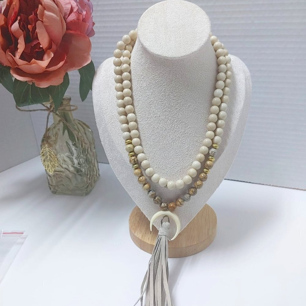 2/$30 Horn Crescent Moon Pendant Natural Jasper Gemstone Beads Necklace 36" Boho